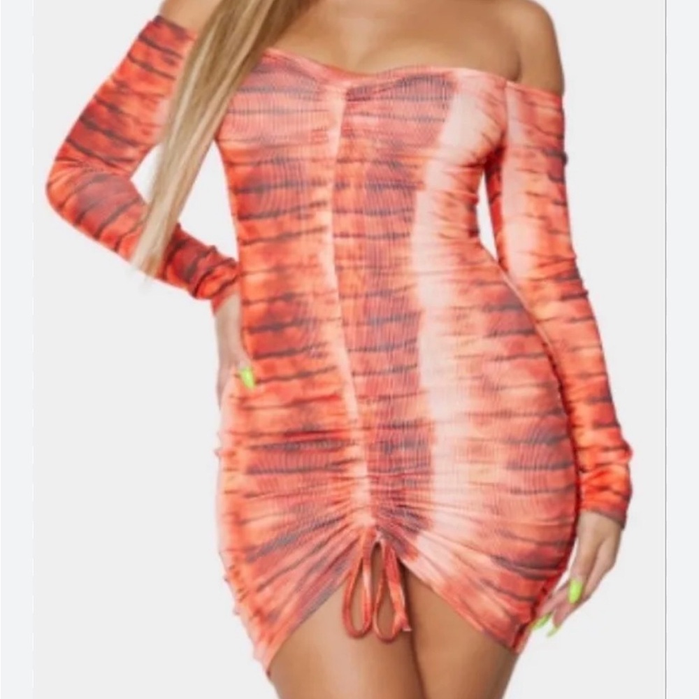 PrettyLittleThing Vibrant Orange Long Sleeve Dress Ruched Body-con Women’s 6